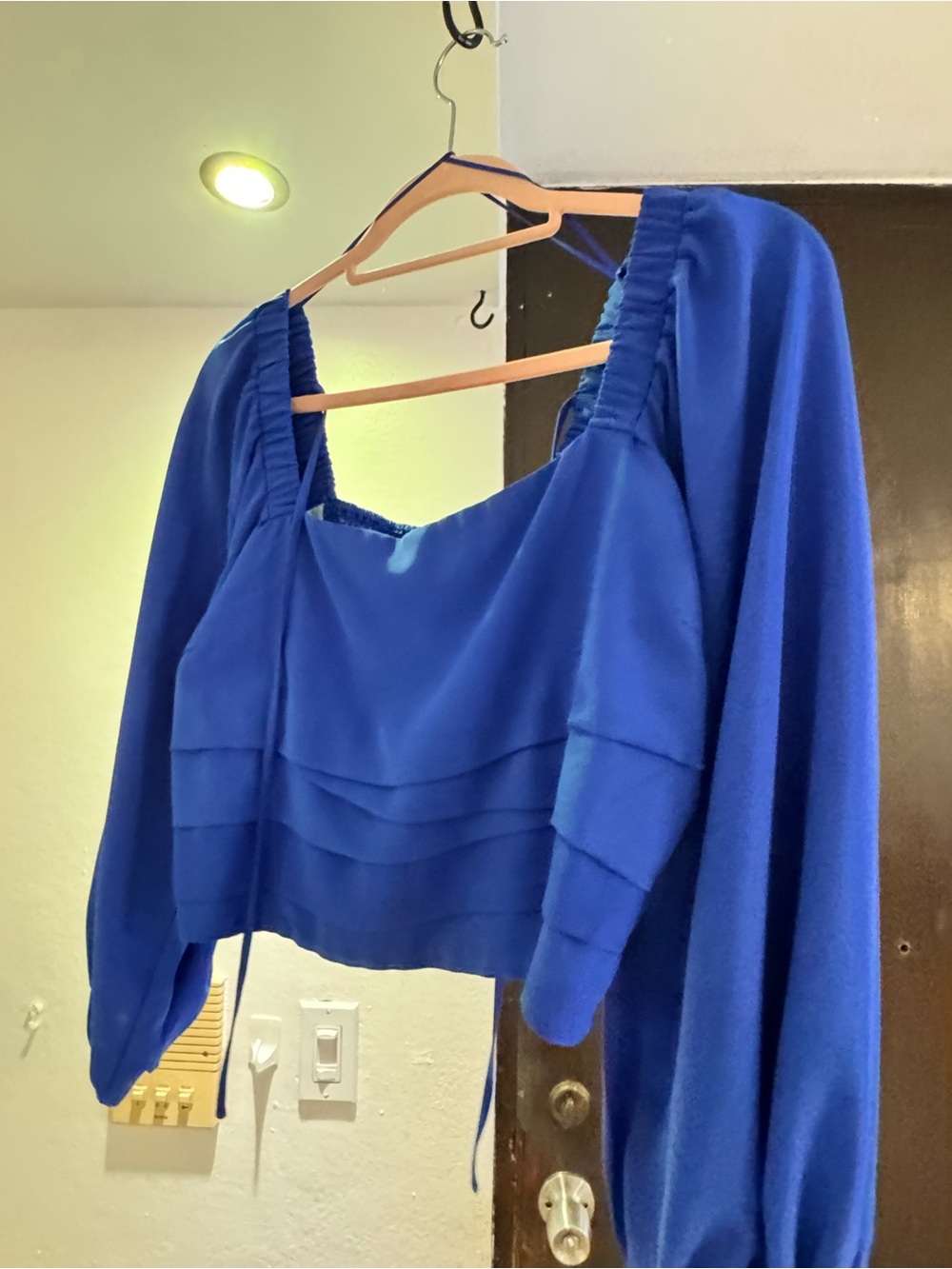 Vibrant Cobalt Blue Square-Neck Puff-Sleeve Blouse